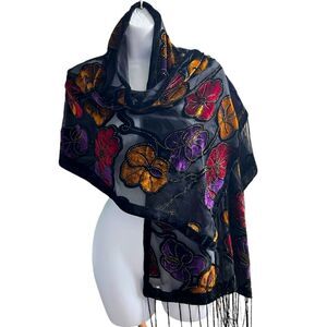 Black Velvet Scarf/Shawl Shoulder Cover Up Rectangle W/Fringe Floral Beaded